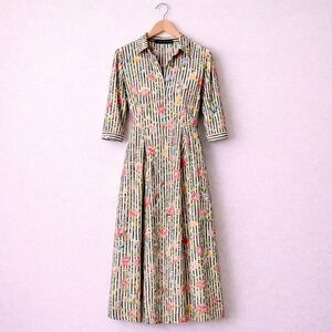 ZARA Boho Black & White Striped Floral Dress Duster Small Pockets Button Front